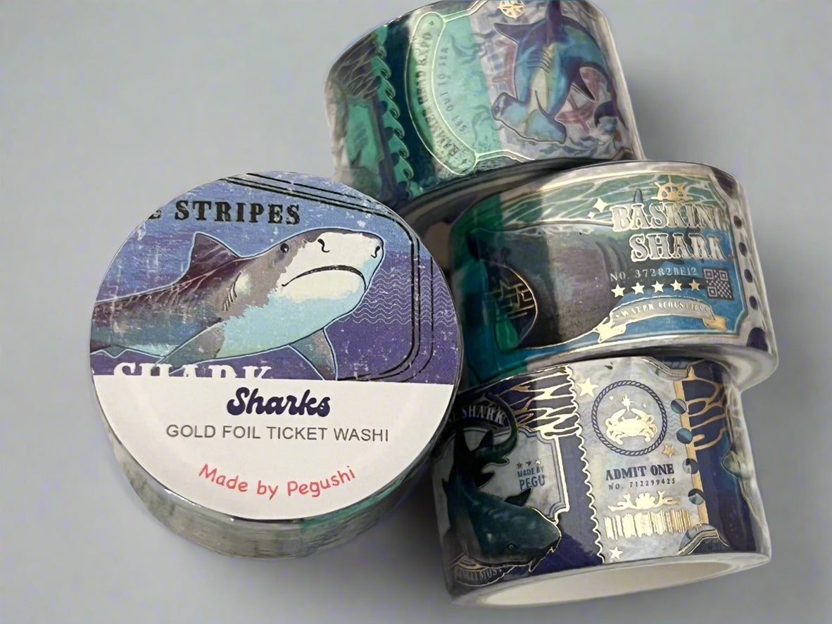 Gold Foil Sharks Ticket Washi Tape