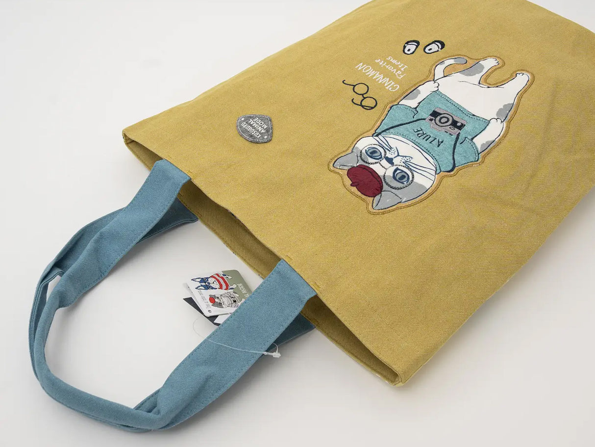 Kusuguru Japan Cat & French Bulldog Embroidered Tote Bag