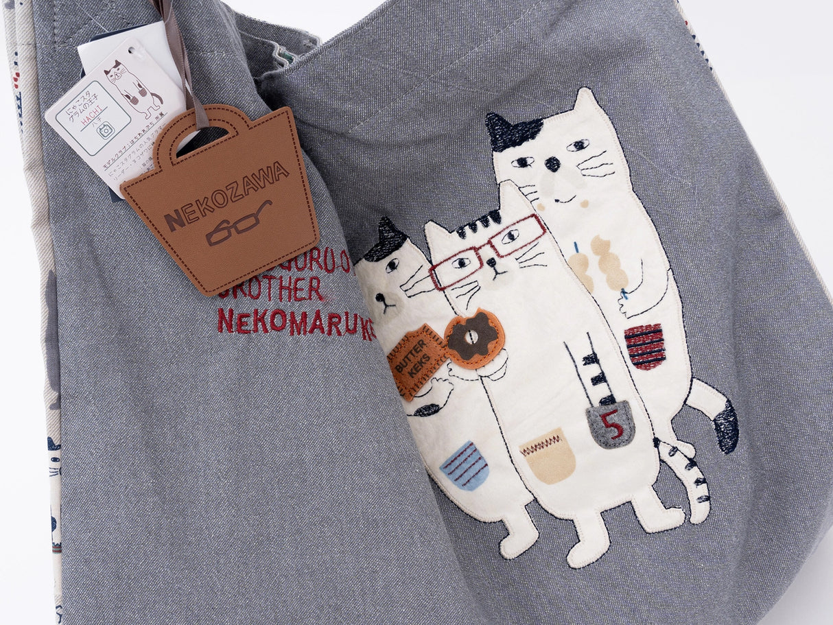Kusuguru Japan Three Cats Embroidered Large Tote Bag