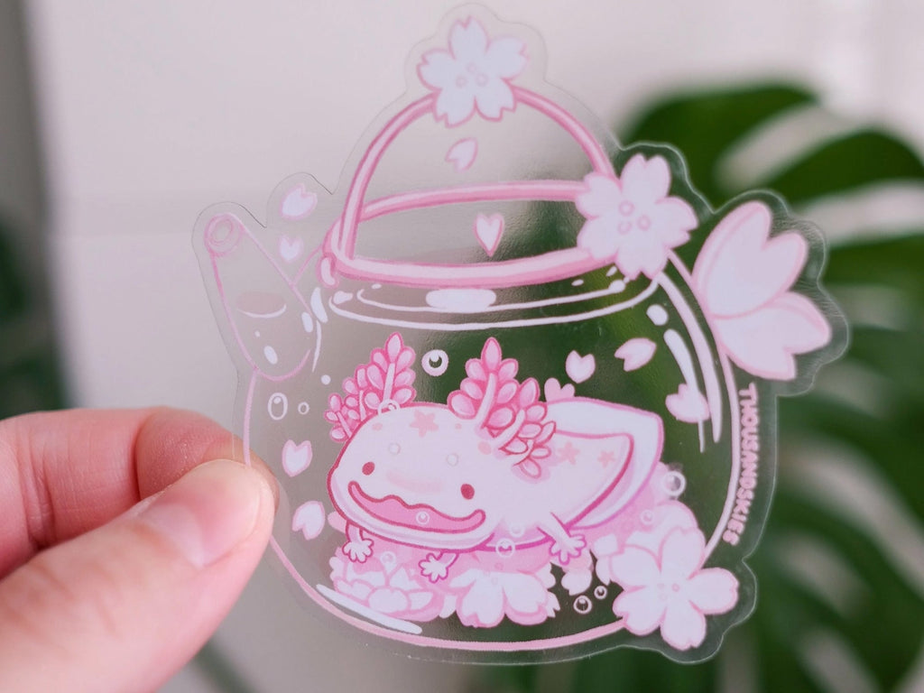 Cherry Blossom Axolotl Tea Transparent Vinyl Sticker