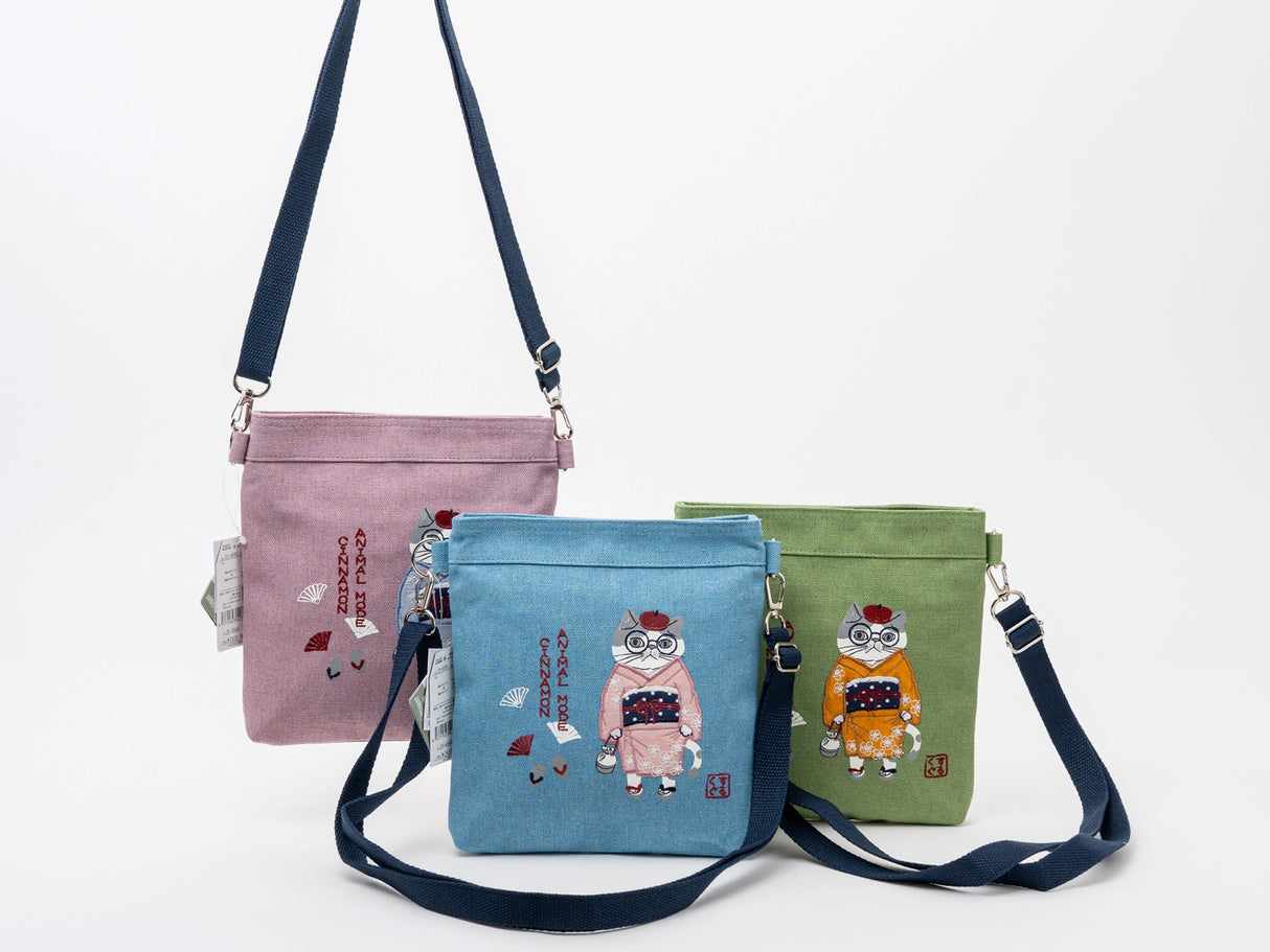 Kusuguru Japan Embroidered Kimono Cat Crossbody Bag