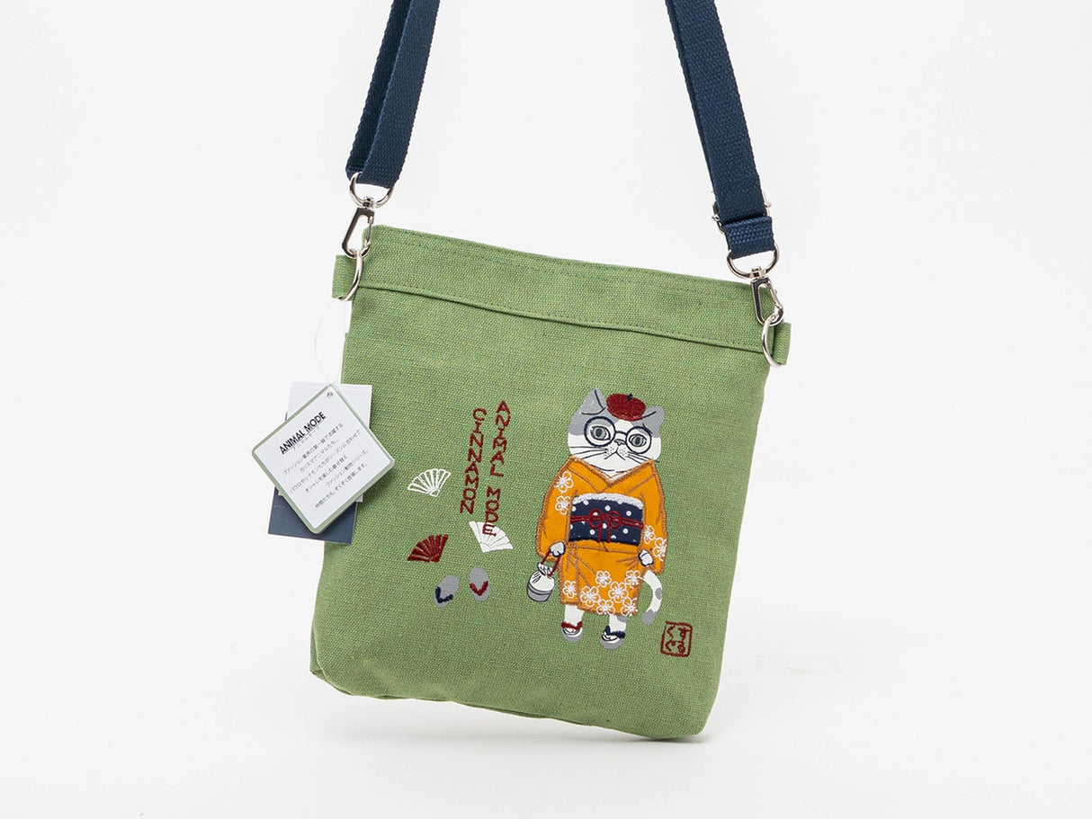 Kusuguru Japan Embroidered Kimono Cat Crossbody Bag