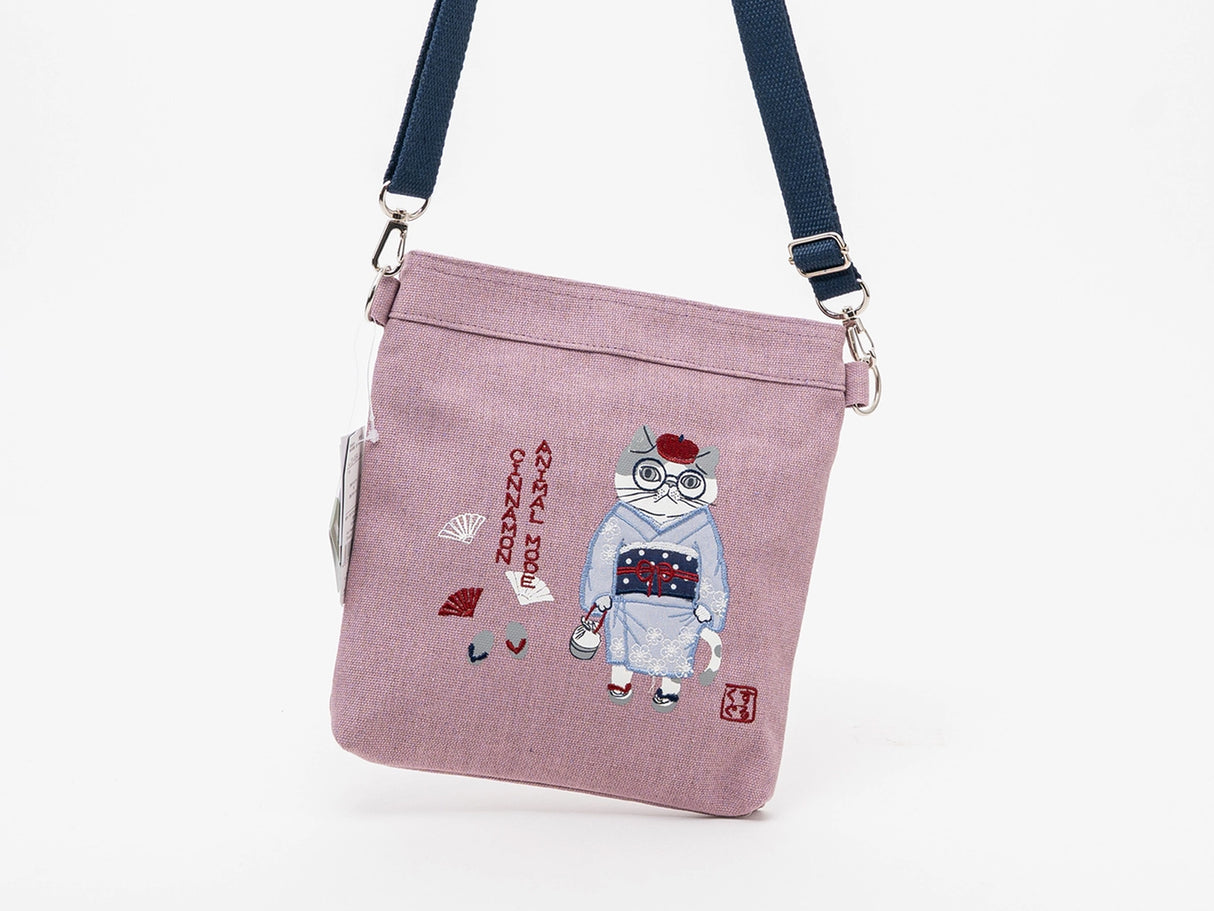 Kusuguru Japan Embroidered Kimono Cat Crossbody Bag