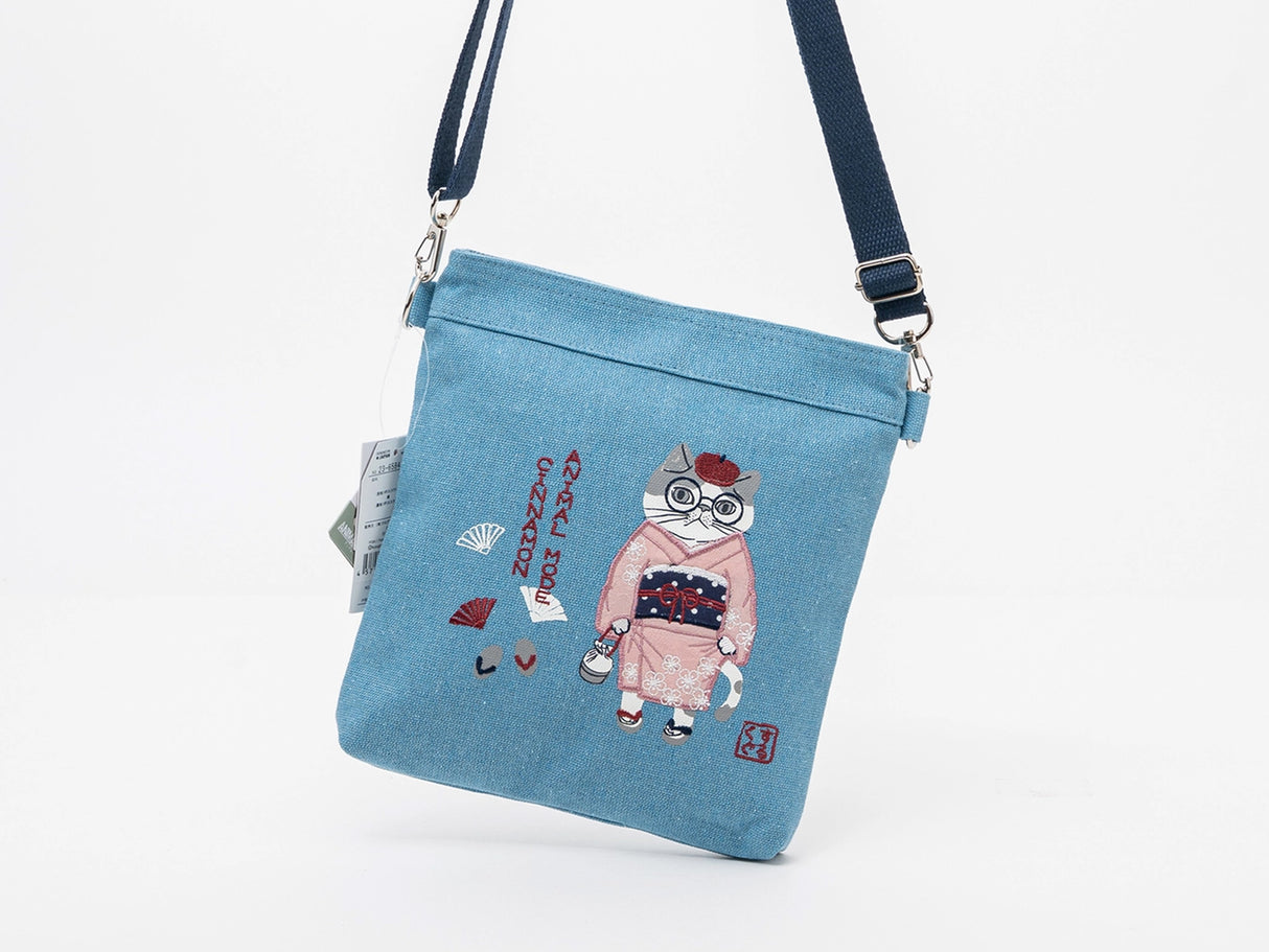 Kusuguru Japan Embroidered Kimono Cat Crossbody Bag