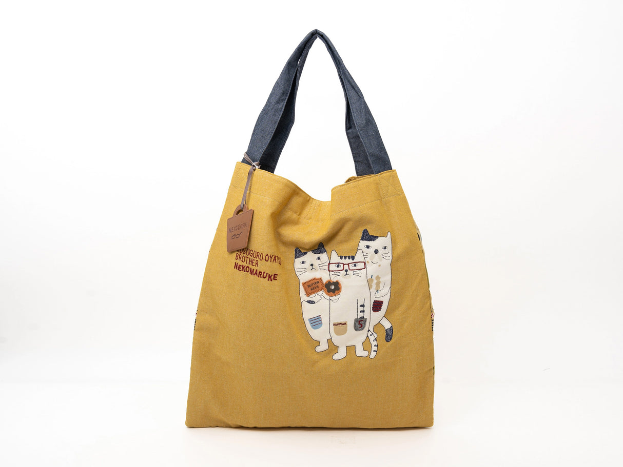 Kusuguru Japan Three Cats Embroidered Large Tote Bag