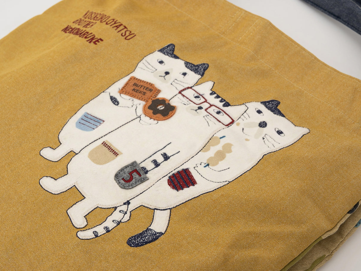 Kusuguru Japan Three Cats Embroidered Large Tote Bag