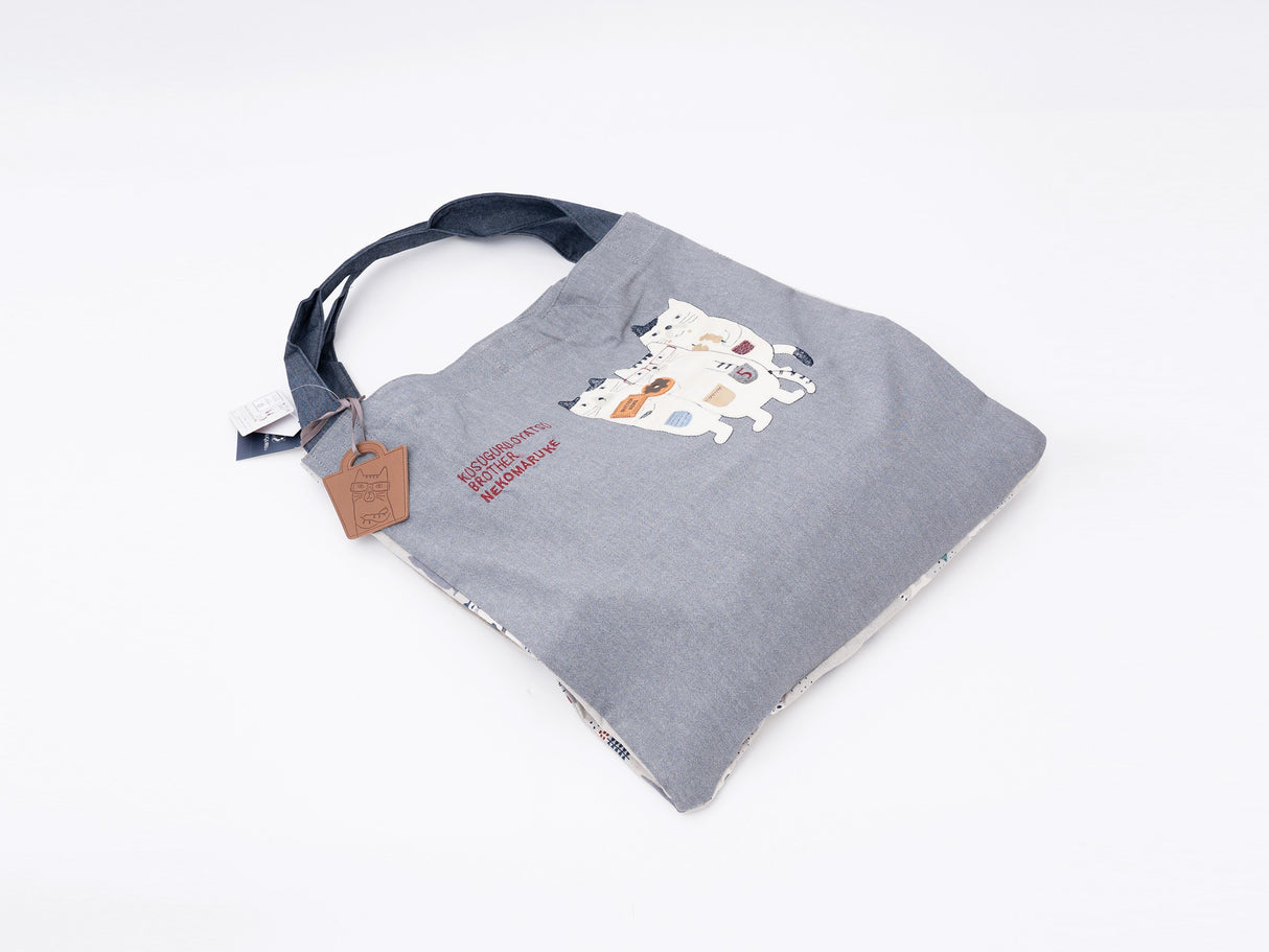 Kusuguru Japan Three Cats Embroidered Large Tote Bag