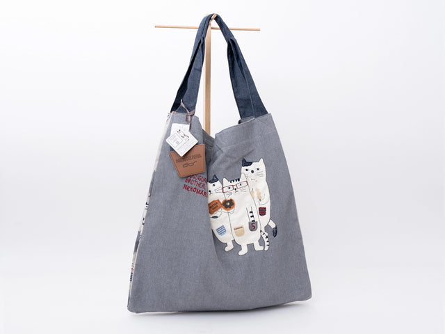 Kusuguru Japan Three Cats Embroidered Large Tote Bag