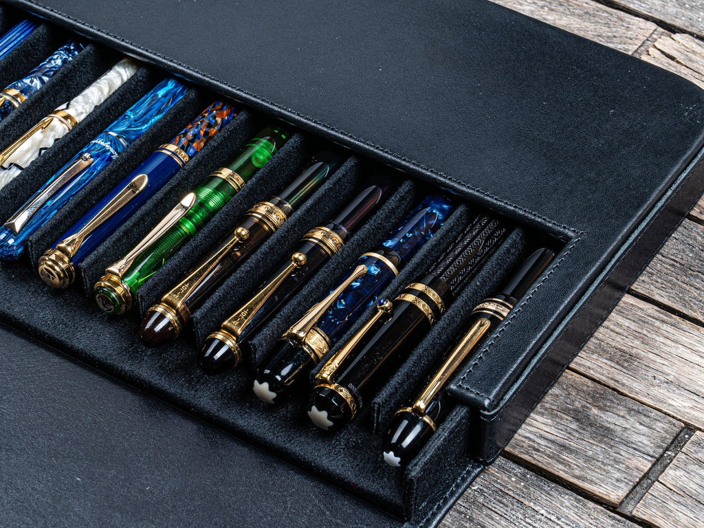 Leather Magnum Opus 12 Slots Hard Pen Case with Removable Pen Tray - Black