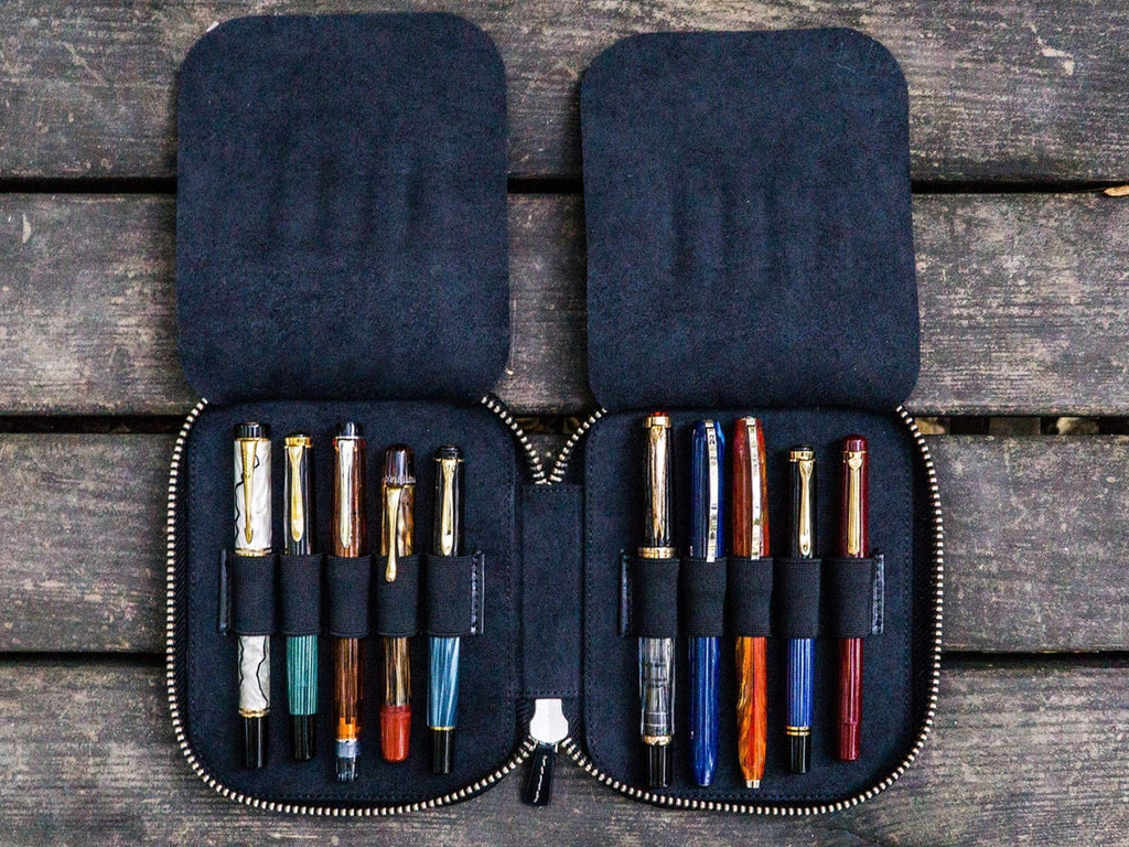 Leather Zippered 10 Slots Pen Case - Black