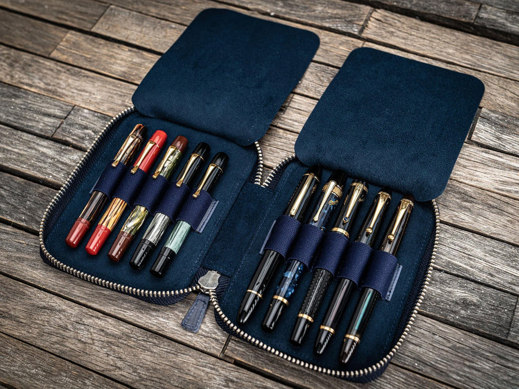 Leather Zippered 10 Slots Pen Case - Navy Blue