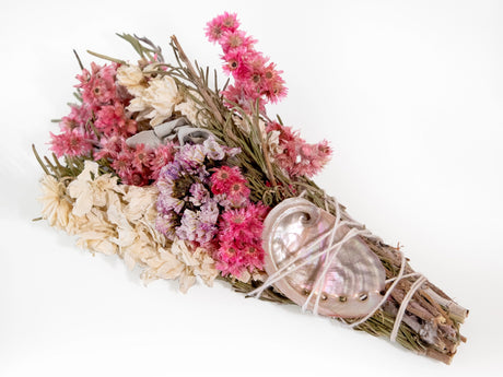 Pink & White Floral Smudge Wand with Shell