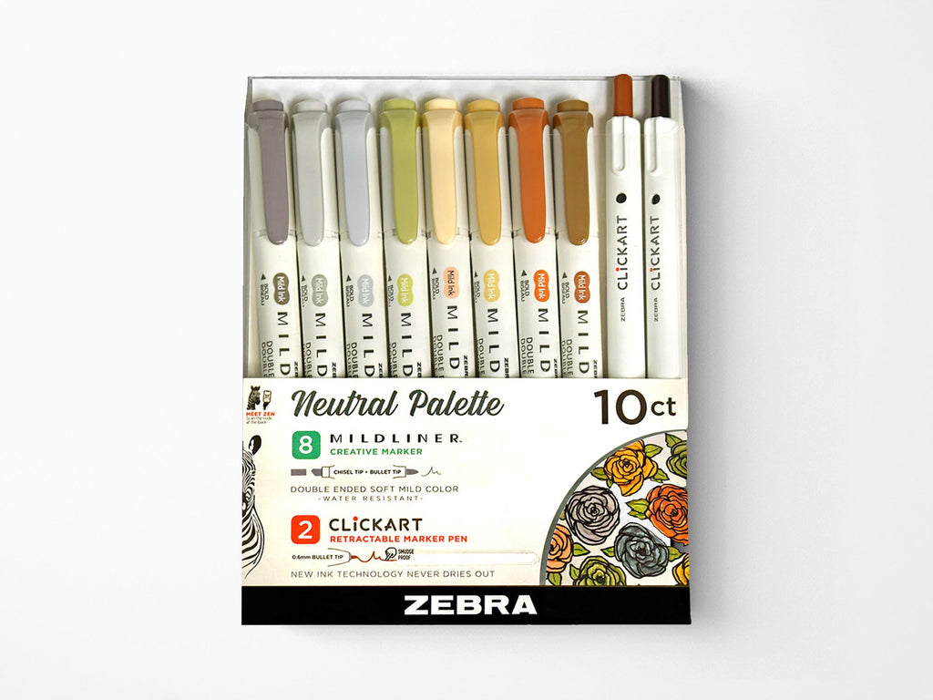 Zebra Neutral Palette Set - 8 Mildliner Highlighters + 2 ClickArt Markers